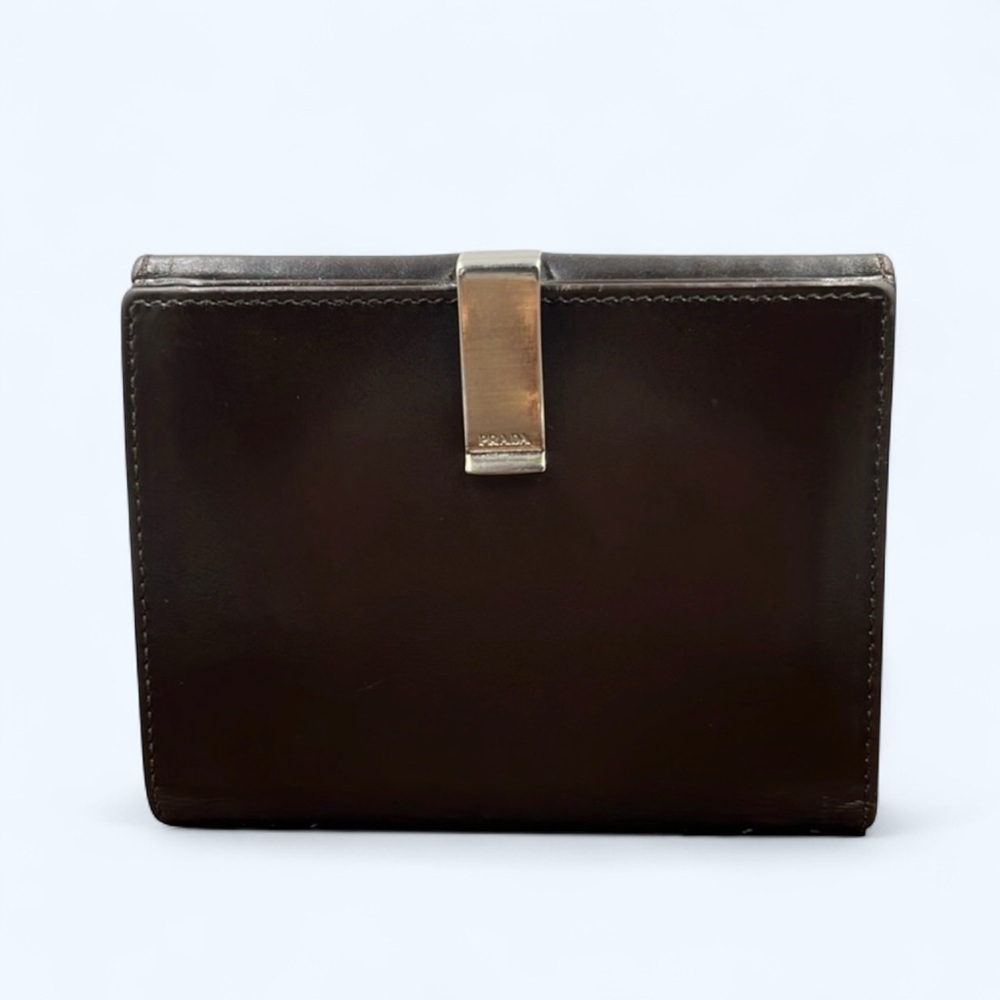 Vintage Prada Y2k Unisex All Leather Dark Espresso Compact Bifold Wallet